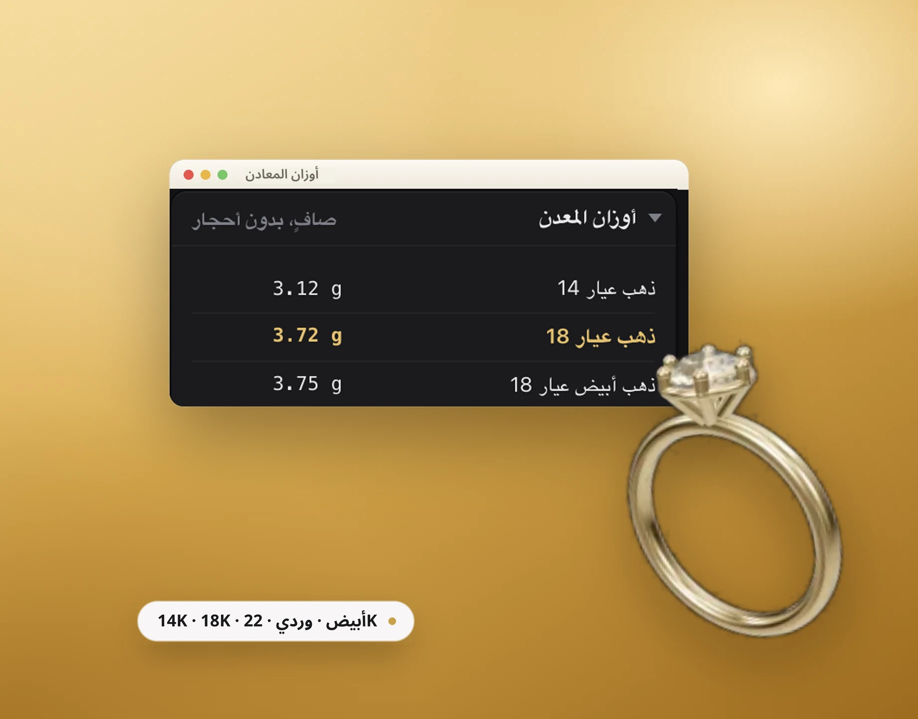 لوحة أوزان المعادن في Kumpix: وزن النموذج نفسه بعيارات مختلفة