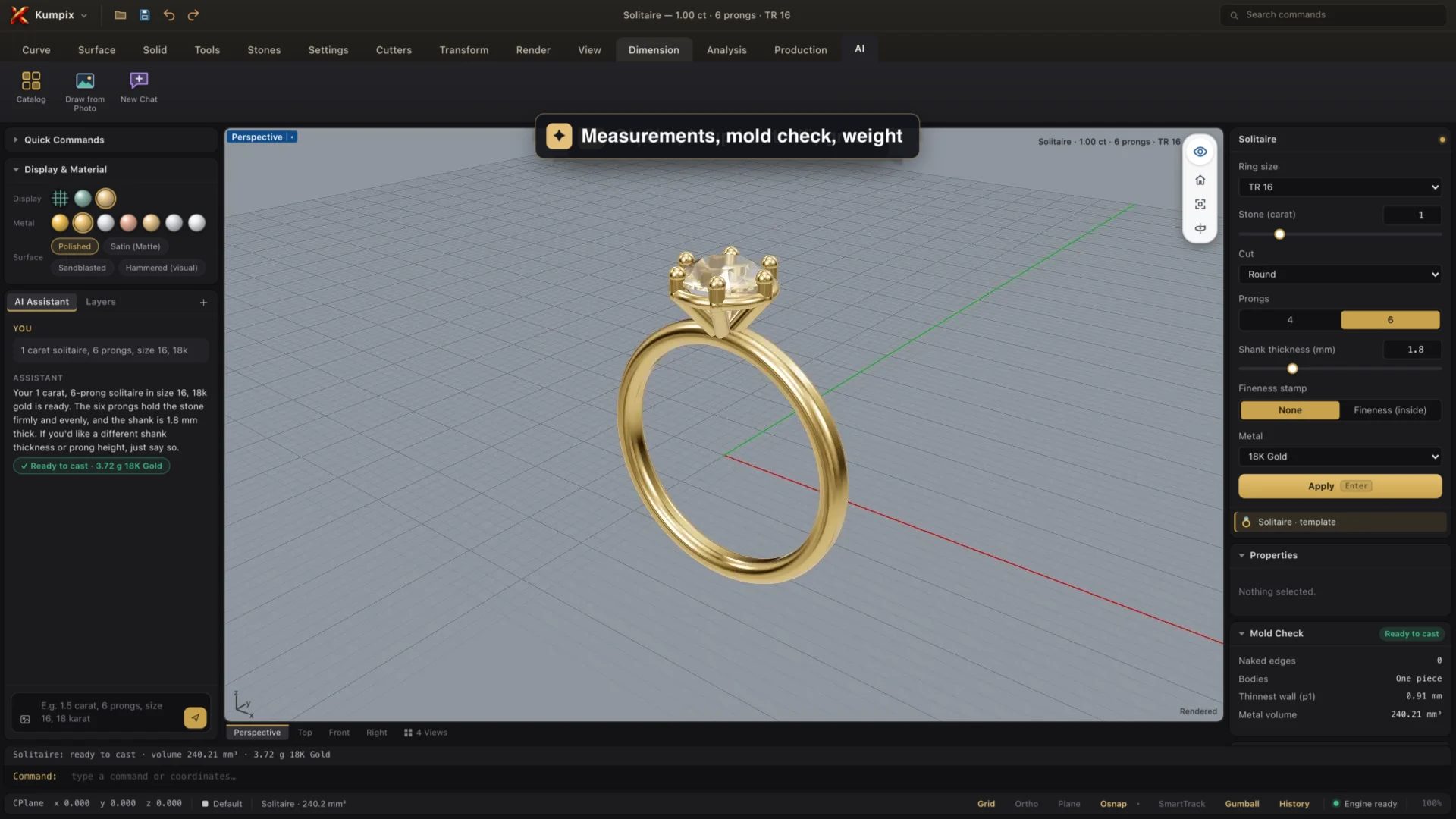 Kumpix design screen: solitaire ring, casting check and weight