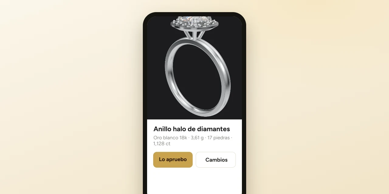 Página de aprobación del cliente de Kumpix: modelo 3D y botones de aprobación en un móvil