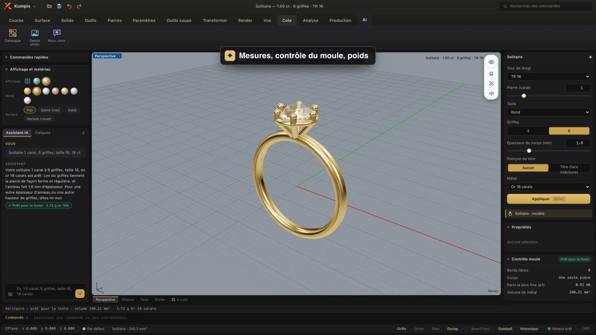Écran de conception Kumpix : bague solitaire, contrôle de fonte et poids