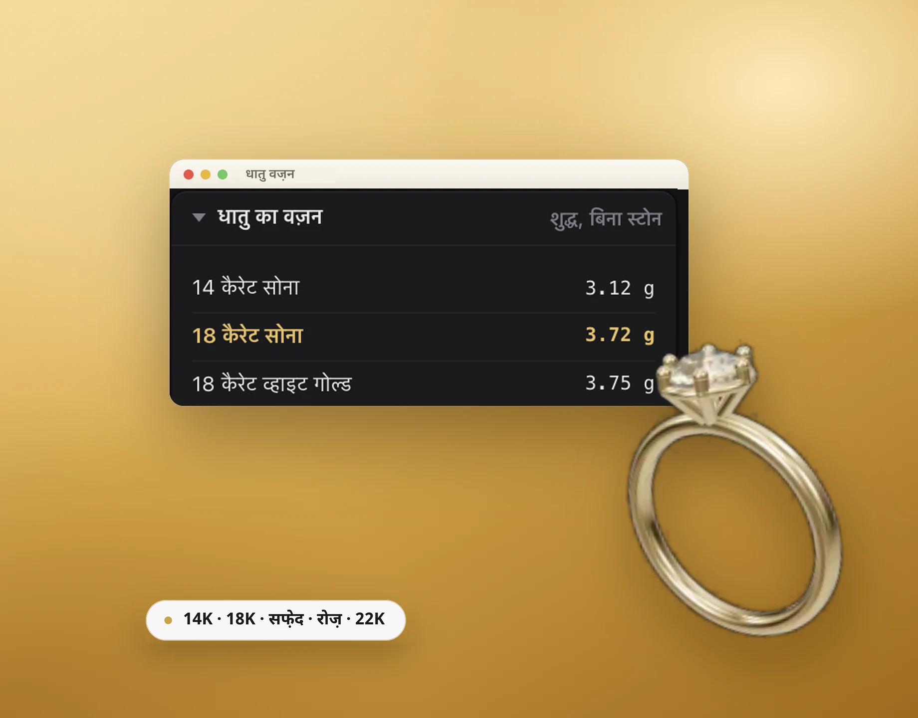 Kumpix धातु वज़न पैनल: अलग-अलग कैरेट में एक ही मॉडल का वज़न