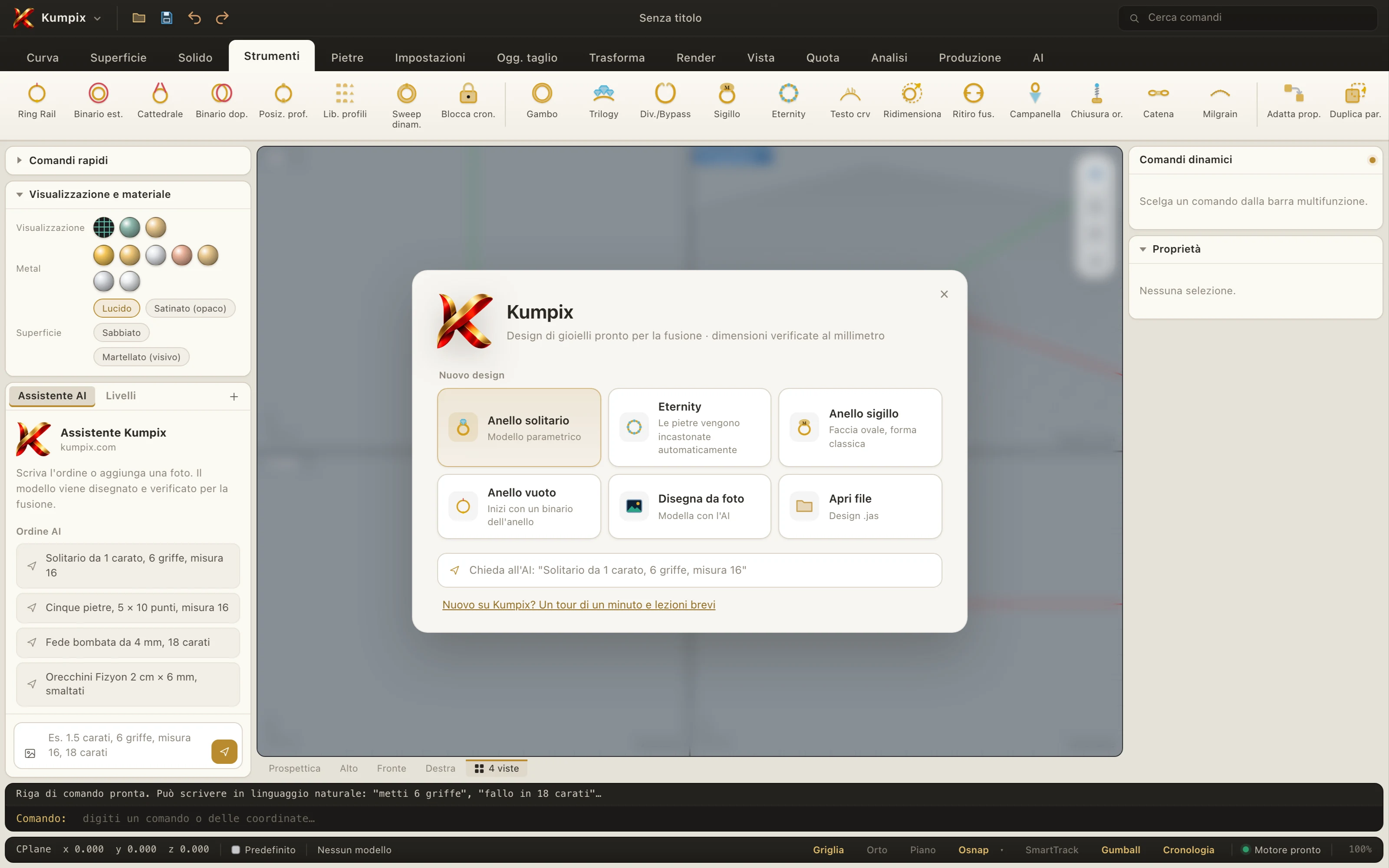 Schermata di benvenuto di Kumpix: nuovo progetto, modelli e IA